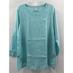 Pure Match Women’s 3/4 Sleeve Linen Blouse Top Aqua Blue Size Medium